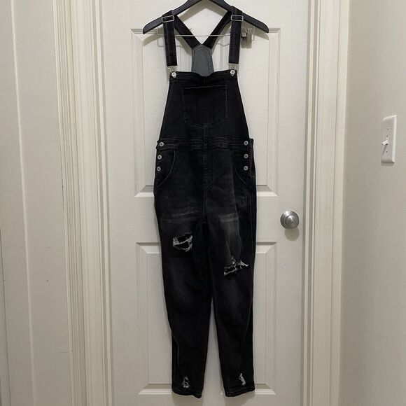 Unbranded Bib Overalls Black Denim Distressed Ripped Medium Boyfriend Jeans - Picture 1 of 10